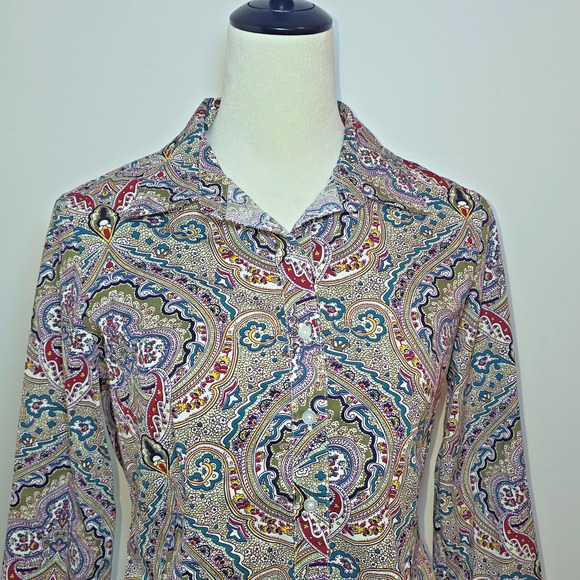 Talbots Long Sleeve Shirt Button Up Roll Tab Multicolor Paisley Size M Petite - Picture 2 of 6